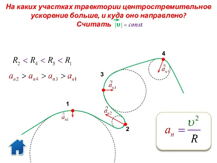 На каких участках траектории центростремительное ускорение больше, и куда оно направлено? Считать