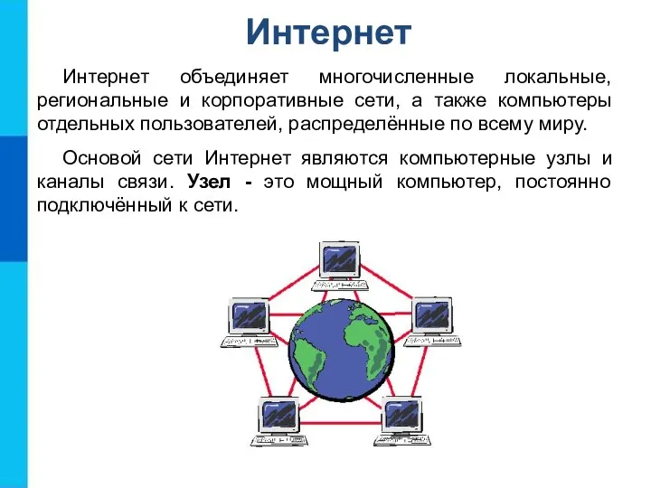 Интернет Интернет объединяет многочисленные локальные, региональные и корпоративные сети, а также компьютеры