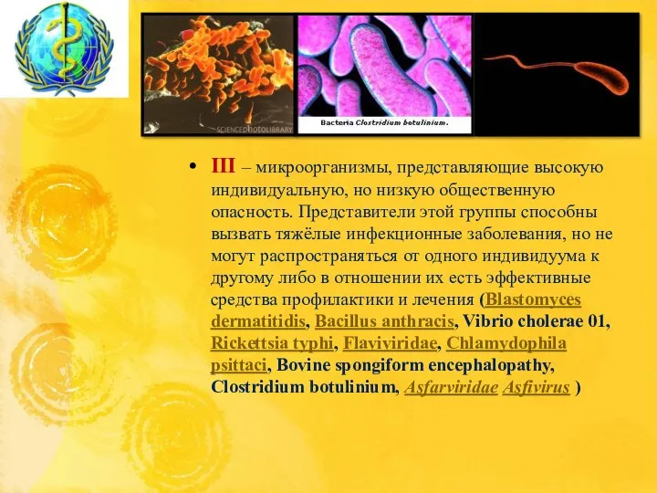 III – микроорганизмы, представляющие высокую индивидуальную, но низкую общественную опасность. Представители этой