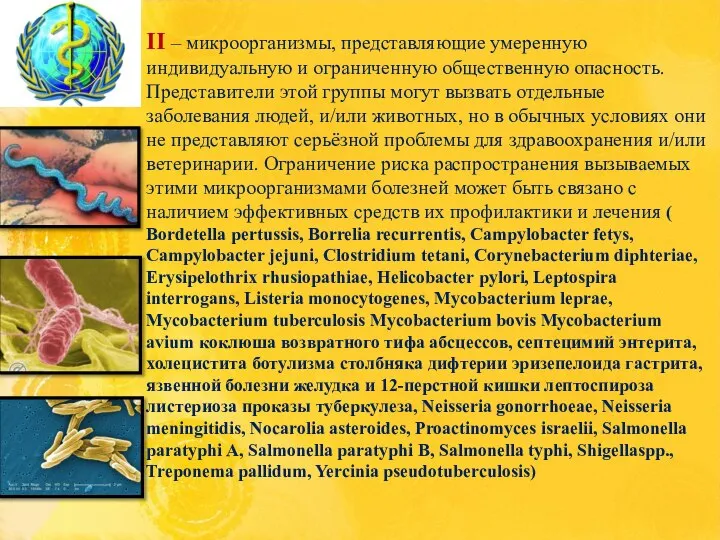 II – микроорганизмы, представляющие умеренную индивидуальную и ограниченную общественную опасность. Представители этой