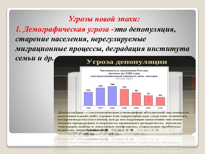 Угрозы новой эпохи: 1. Демографическая угроза -это депопуляция, старение населения, нерегулируемые миграционные