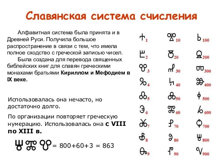 Славянская система счисления = 800+60+3 = 863 Использовалась она нечасто, но достаточно