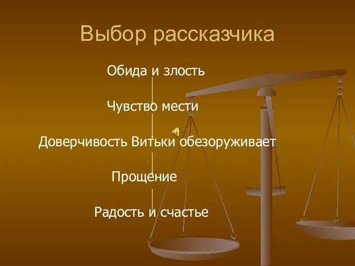 Выбор рассказчика Обида и злость Чувство мести Доверчивость Витьки обезоруживает Прощение Радость и счастье