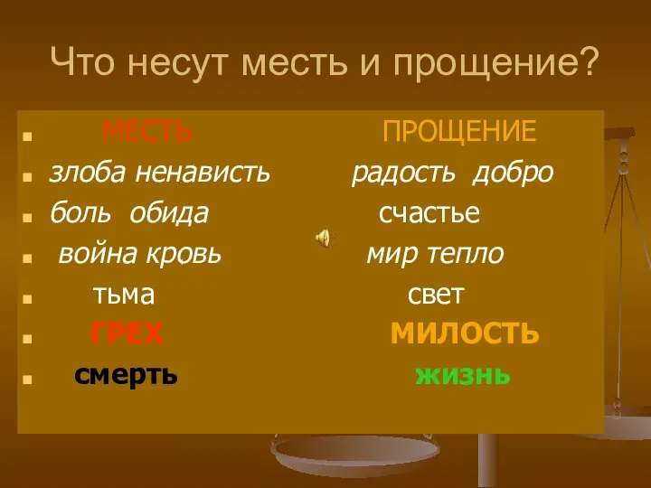 Что несут месть и прощение? МЕСТЬ ПРОЩЕНИЕ злоба ненависть радость добро боль