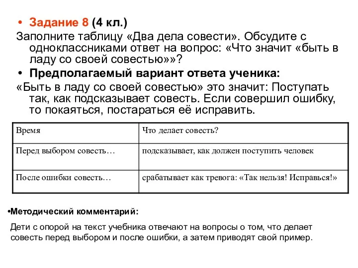 Задание 8 (4 кл.) Заполните таблицу «Два дела совести». Обсудите с одноклассниками