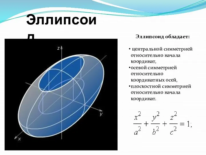 Эллипсоид обладает: центральной симметрией относительно начала координат, осевой симметрией относительно координатных осей,