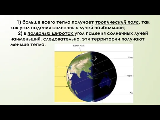 1) больше всего тепла получает тропический пояс, так как угол падения солнечных