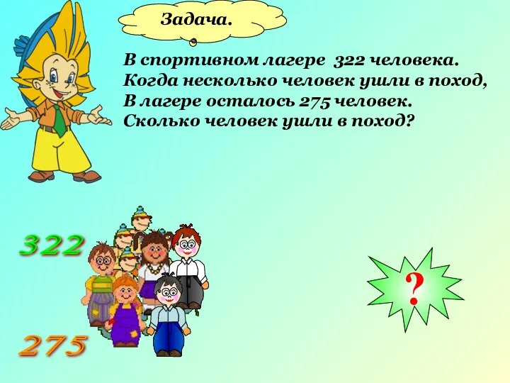 Задача. В спортивном лагере 322 человека. Когда несколько человек ушли в поход,