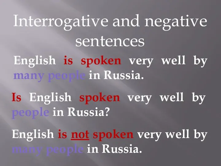 Interrogative and negative sentences English is spoken very well by many people