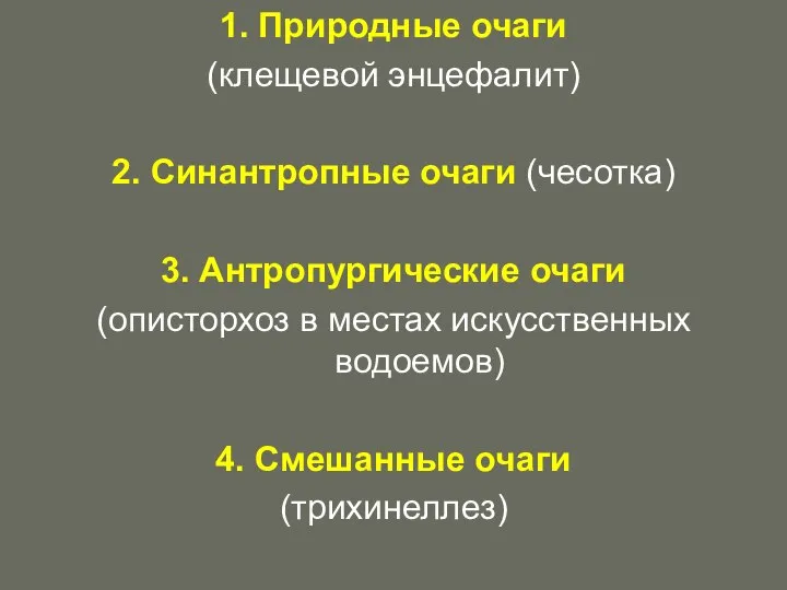 1. Природные очаги (клещевой энцефалит) 2. Синантропные очаги (чесотка) 3. Антропургические очаги