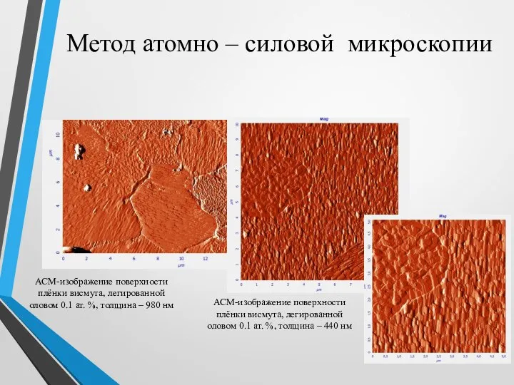 Метод атомно – силовой микроскопии АСМ-изображение поверхности плёнки висмута, легированной оловом 0.1