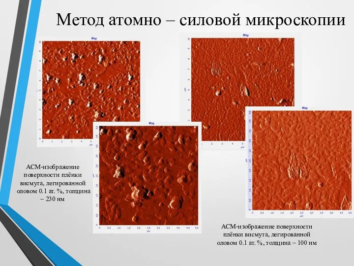 Метод атомно – силовой микроскопии АСМ-изображение поверхности плёнки висмута, легированной оловом 0.1