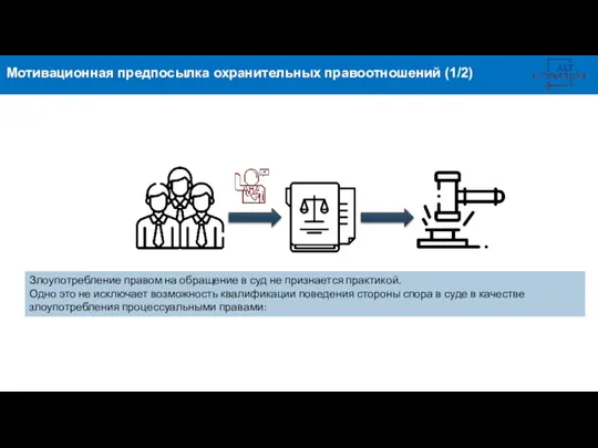 Мотивационная предпосылка охранительных правоотношений (1/2) Злоупотребление правом на обращение в суд не