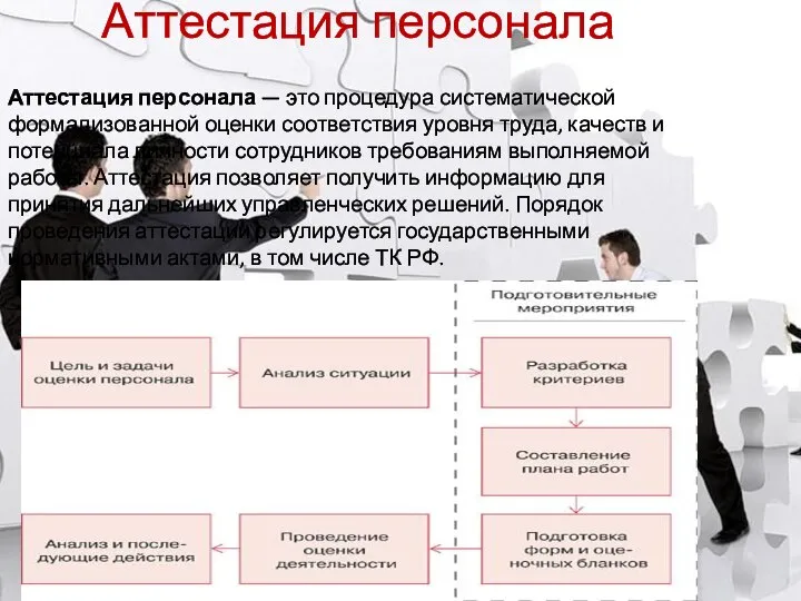 Аттестация персонала Аттестация персонала — это процедура систематической формализованной оценки соответствия уровня