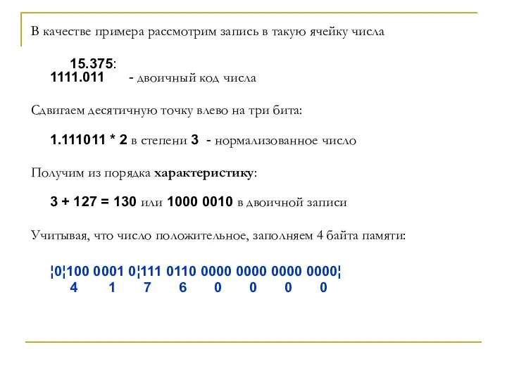 В качестве примера рассмотрим запись в такую ячейку числа 15.375: 1111.011 -