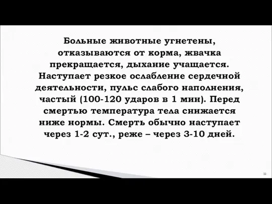 Больные животные угнетены, отказываются от корма, жвачка прекращается, дыхание учащается. Наступает резкое