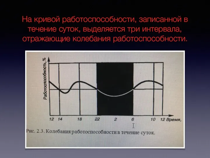 На кривой работоспособности, записанной в течение суток, выделяется три интервала, отражающие колебания работоспособности.