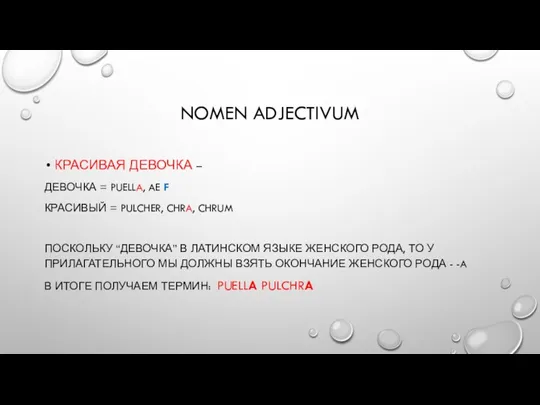 NOMEN ADJECTIVUM КРАСИВАЯ ДЕВОЧКА – ДЕВОЧКА = PUELLA, AE F КРАСИВЫЙ =