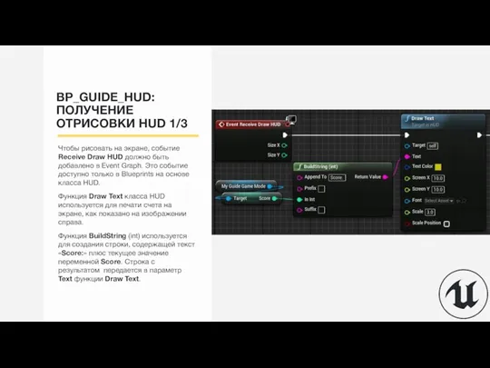 BP_GUIDE_HUD: ПОЛУЧЕНИЕ ОТРИСОВКИ HUD 1/3 Чтобы рисовать на экране, событие Receive Draw