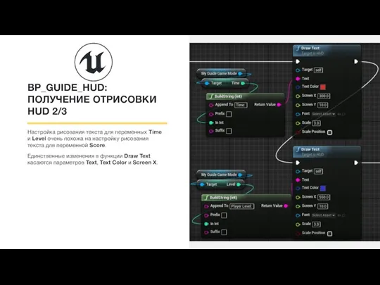 BP_GUIDE_HUD: ПОЛУЧЕНИЕ ОТРИСОВКИ HUD 2/3 Настройка рисования текста для переменных Time и