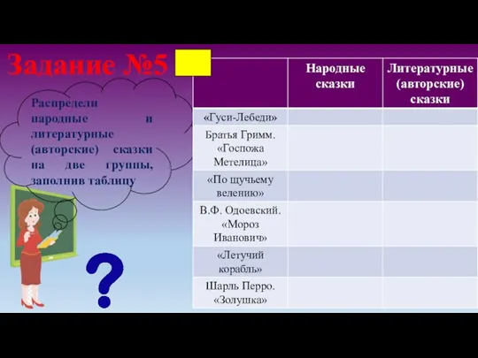 Распредели народные и литературные (авторские) сказки на две группы, заполнив таблицу Задание №5