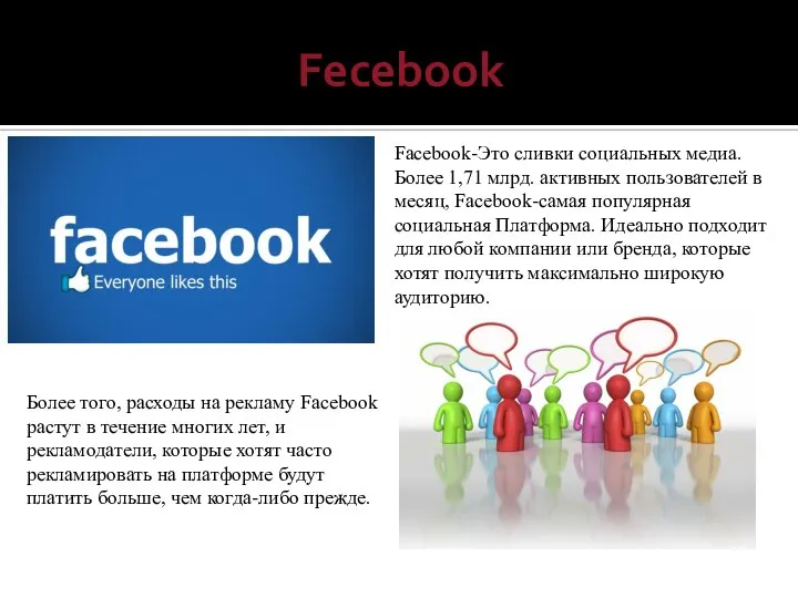 Fecebook Facebook-Это сливки социальных медиа. Более 1,71 млрд. активных пользователей в месяц,