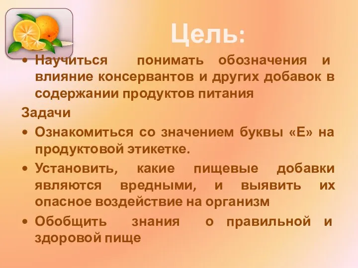 Цель: Научиться понимать обозначения и влияние консервантов и других добавок в содержании