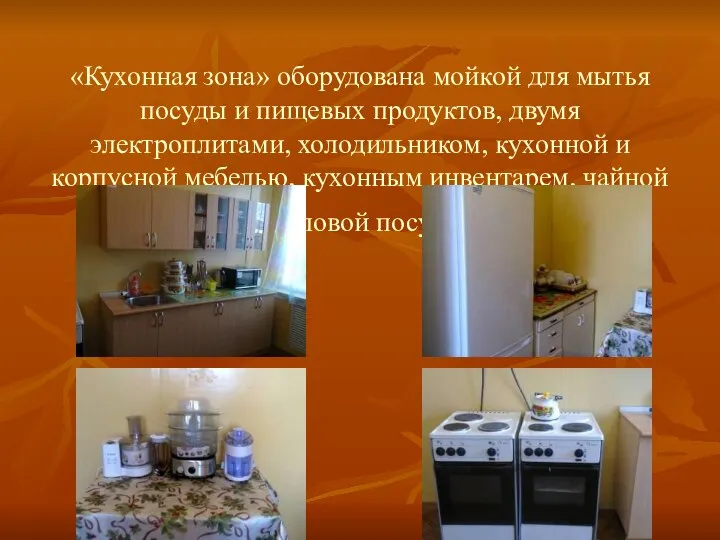 «Кухонная зона» оборудована мойкой для мытья посуды и пищевых продуктов, двумя электроплитами,