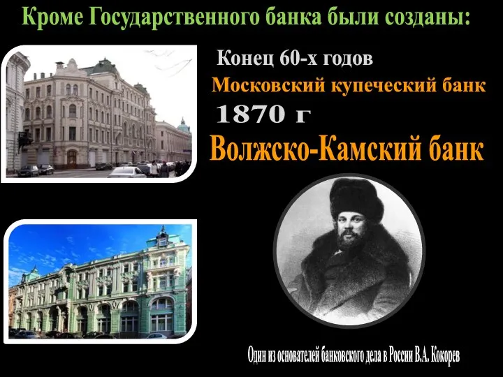 Конец 60-х годов Московский купеческий банк Кроме Государственного банка были созданы: 1870