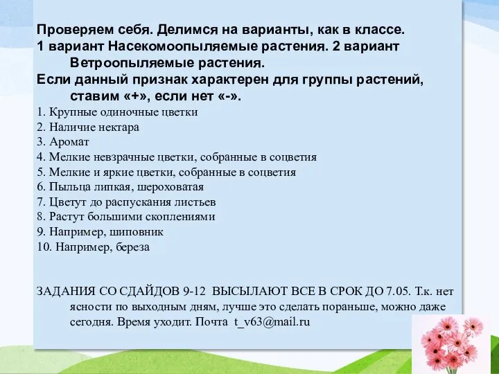 Проверяем себя. Делимся на варианты, как в классе. 1 вариант Насекомоопыляемые растения.