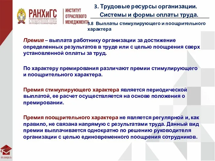 3. Трудовые ресурсы организации. Системы и формы оплаты труда. 3.8 Выплаты стимулирующего