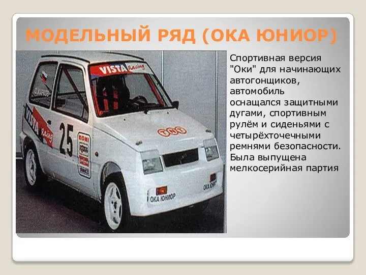 МОДЕЛЬНЫЙ РЯД (ОКА ЮНИОР) Спортивная версия "Оки" для начинающих автогонщиков, автомобиль оснащался