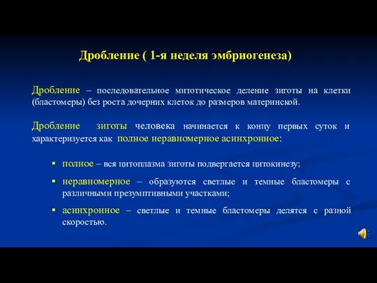 Дробление ( 1-я неделя эмбриогенеза) Дробление – последовательное митотическое деление зиготы на