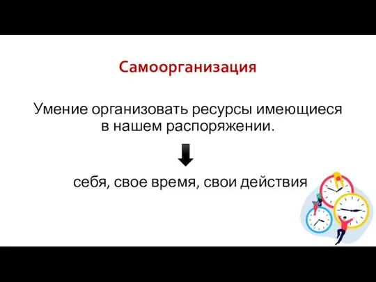 Самоорганизация Умение организовать ресурсы имеющиеся в нашем распоряжении. себя, свое время, свои действия