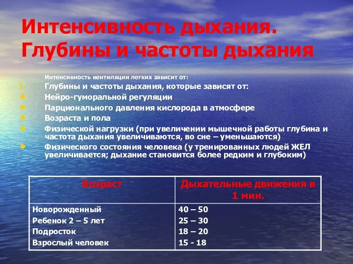 Интенсивность дыхания. Глубины и частоты дыхания Интенсивность вентиляции легких зависит от: Глубины