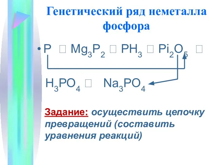 Генетический ряд неметалла фосфора Р ? Mg3P2 ? PH3 ? Рi2O5 ?