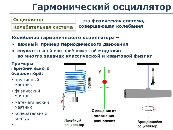 Гармонический осциллятор Осциллятор Колебания гармонического осциллятора – важный пример периодического движения служат