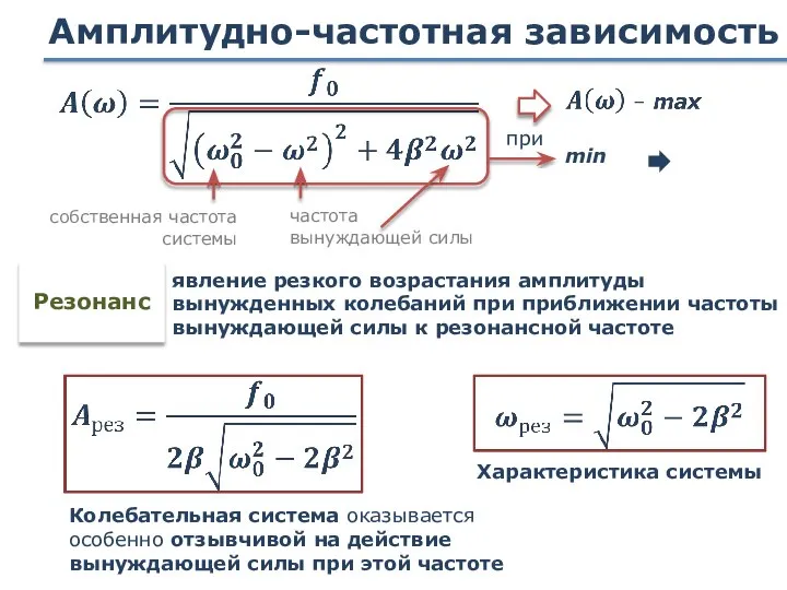 Амплитудно-частотная зависимость min явление резкого возрастания амплитуды вынужденных колебаний при приближении частоты