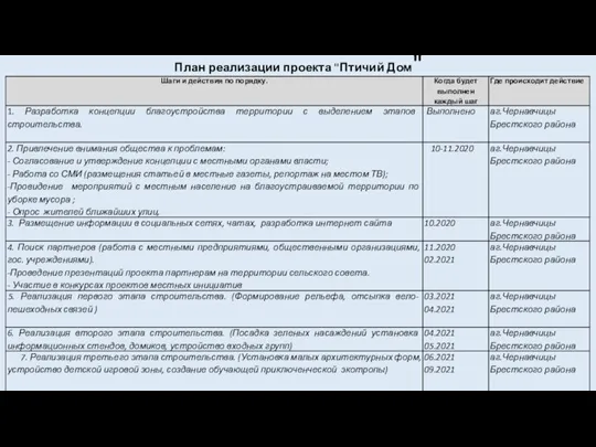 План реализации проекта "Птичий Дом"