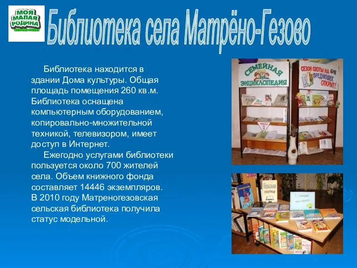 Библиотека села Матрёно-Гезово Библиотека находится в здании Дома культуры. Общая площадь помещения