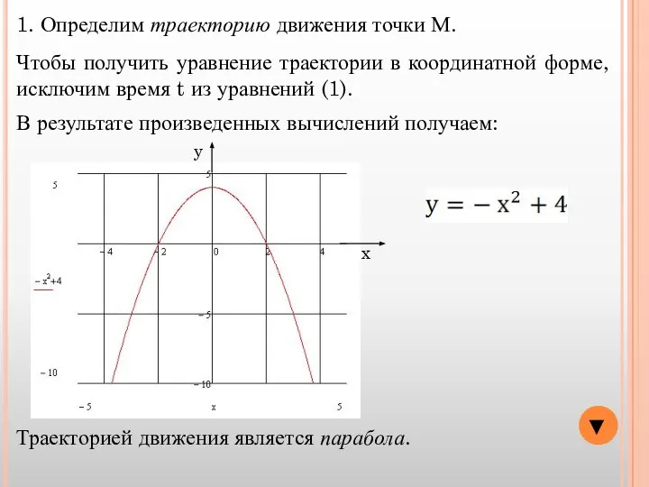 1. Определим траекторию движения точки М. Чтобы получить уравнение траектории в координатной