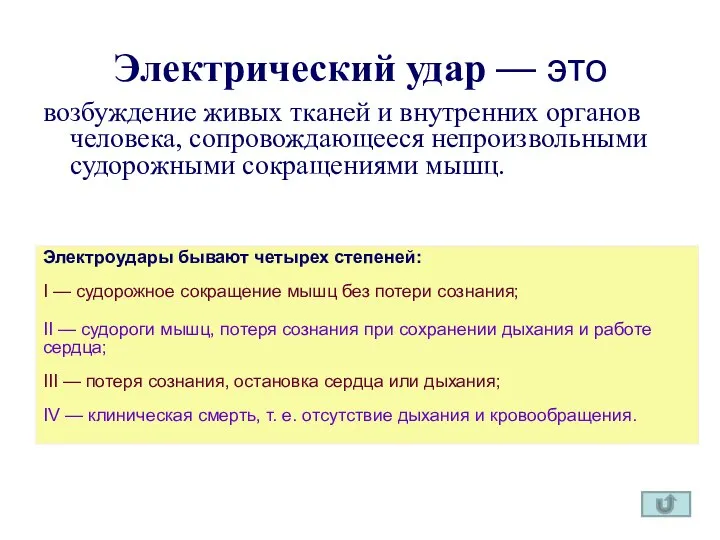 Электрический удар — это возбуждение живых тканей и внутренних органов человека, сопровождающееся