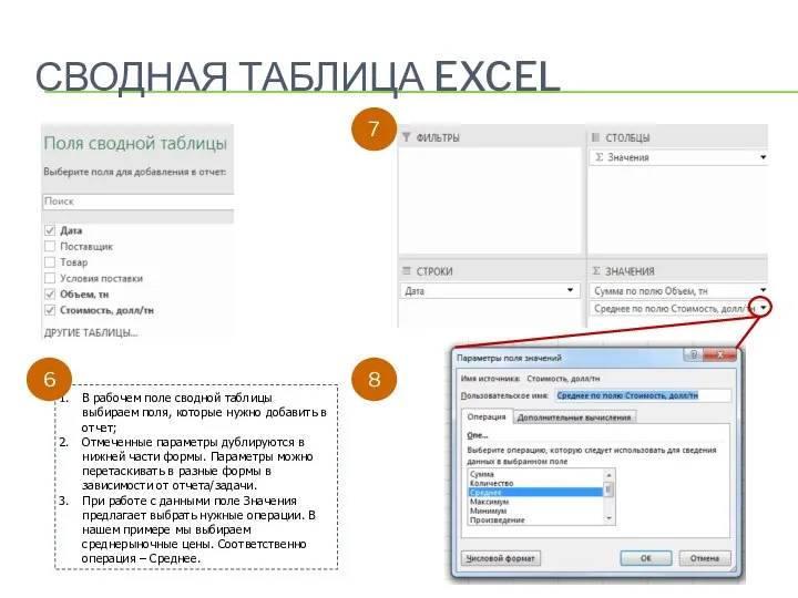 СВОДНАЯ ТАБЛИЦА EXCEL 7 8 В рабочем поле сводной таблицы выбираем поля,