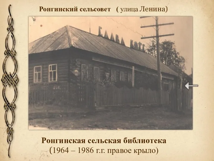 Ронгинский сельсовет ( улица Ленина) Ронгинская сельская библиотека (1964 – 1986 г.г. правое крыло)