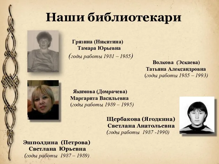Наши библиотекари Грязина (Никитина) Тамара Юрьевна (годы работы 1981 – 1985) Волкова