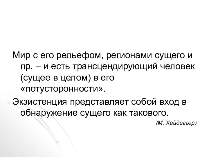 Мир с его рельефом, регионами сущего и пр. – и есть трансцендирующий