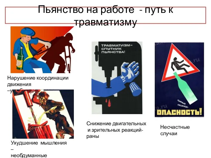 Пьянство на работе - путь к травматизму Нарушение координации движения –ушибы, переломы