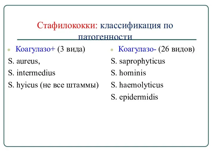 Стафилококки: классификация по патогенности Коагулазо+ (3 вида) S. aureus, S. intermedius S.