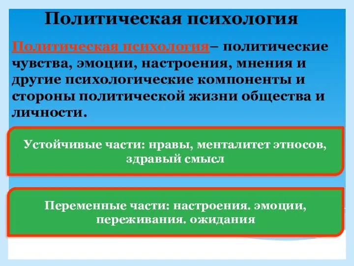 Политическая психология Политическая психология– политические чувства, эмоции, настроения, мнения и другие психологические