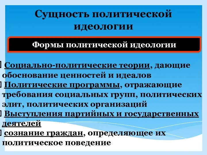 Сущность политической идеологии Формы политической идеологии Социально-политические теории, дающие обоснование ценностей и